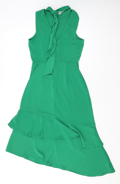 Warehouse Womens Green Polyester A-Line Size 8 Mock Neck Zip - Ruffles, Open Back