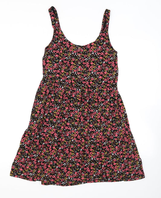 NEXT Womens Black Floral Viscose Skater Dress Size 6 Scoop Neck Pullover