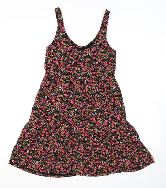 NEXT Womens Black Floral Viscose Skater Dress Size 6 Scoop Neck Pullover