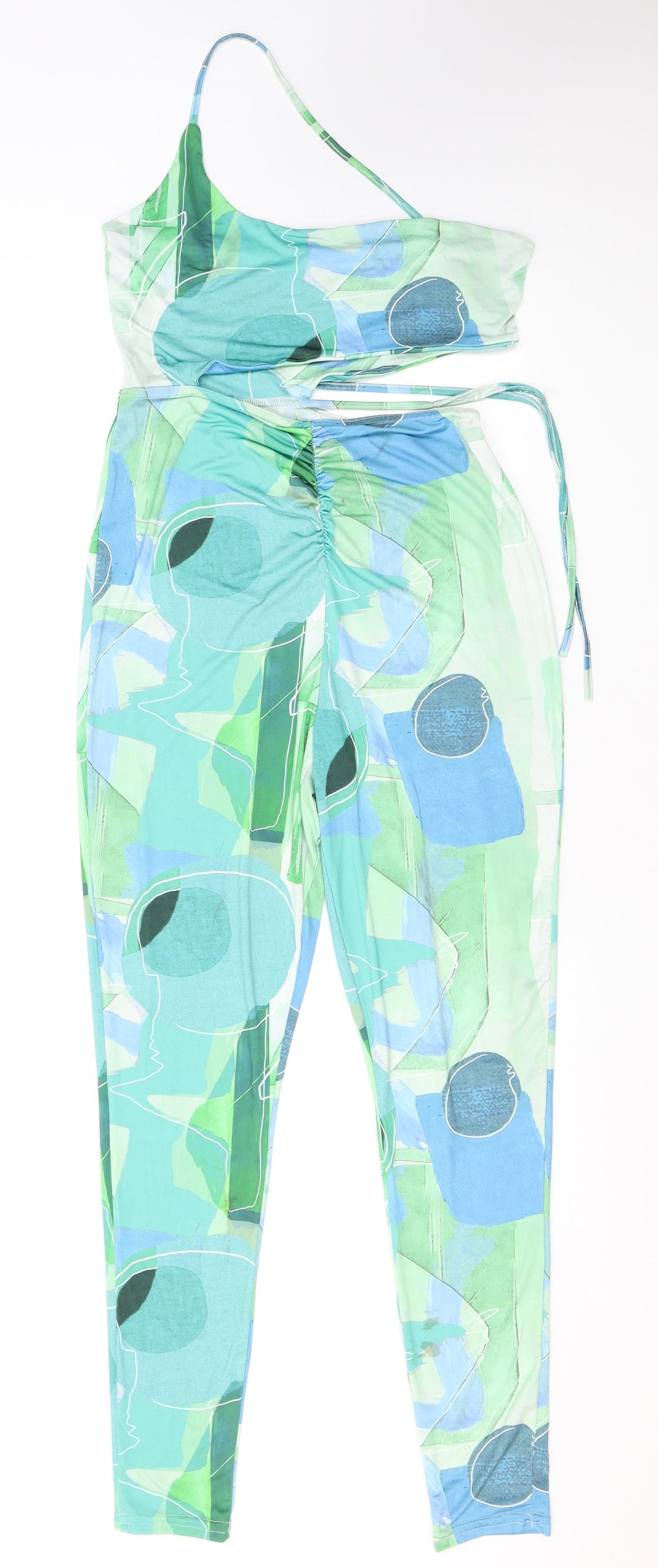 PRETTYLITTLETHING Womens Green Geometric Polyester Jumpsuit One-Piece Size 10 L26 in Pullover - Cut Out Detail