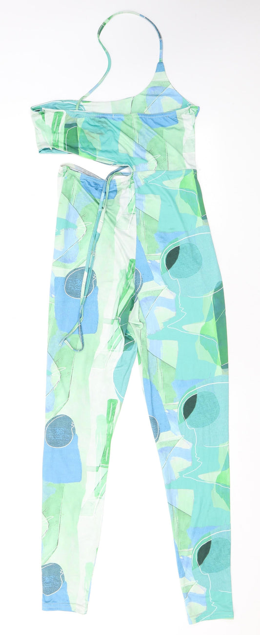 PRETTYLITTLETHING Womens Green Geometric Polyester Jumpsuit One-Piece Size 10 L26 in Pullover - Cut Out Detail