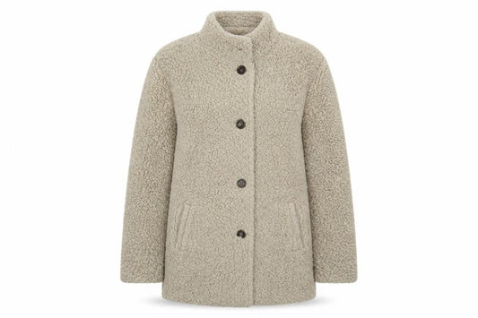 Front view of Anne de Lancay women’s beige overcoat coat, size L, button - teddy style