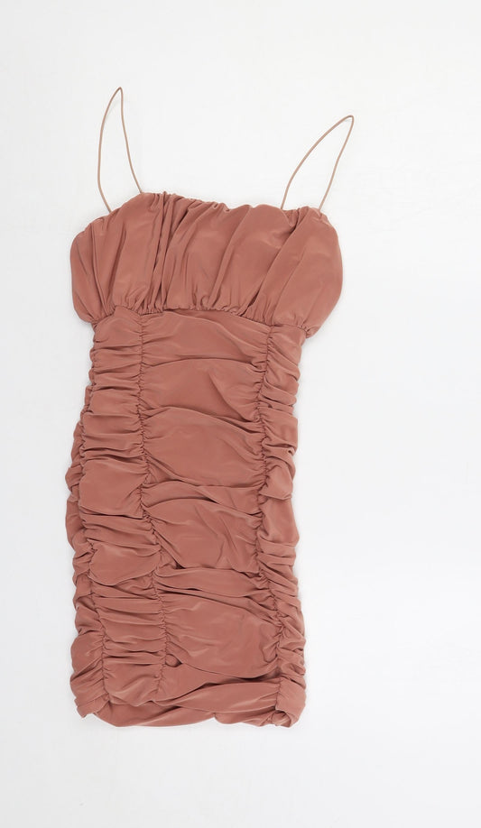 Silk Womens Pink Polyester Bodycon Size 8 Square Neck Pullover - Ruched