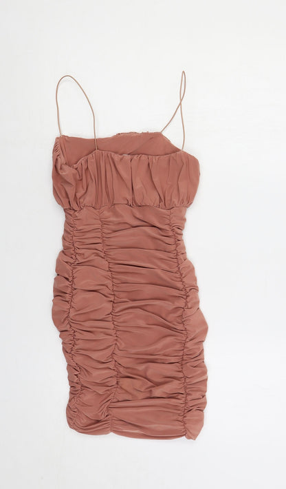 Silk Womens Pink Polyester Bodycon Size 8 Square Neck Pullover - Ruched