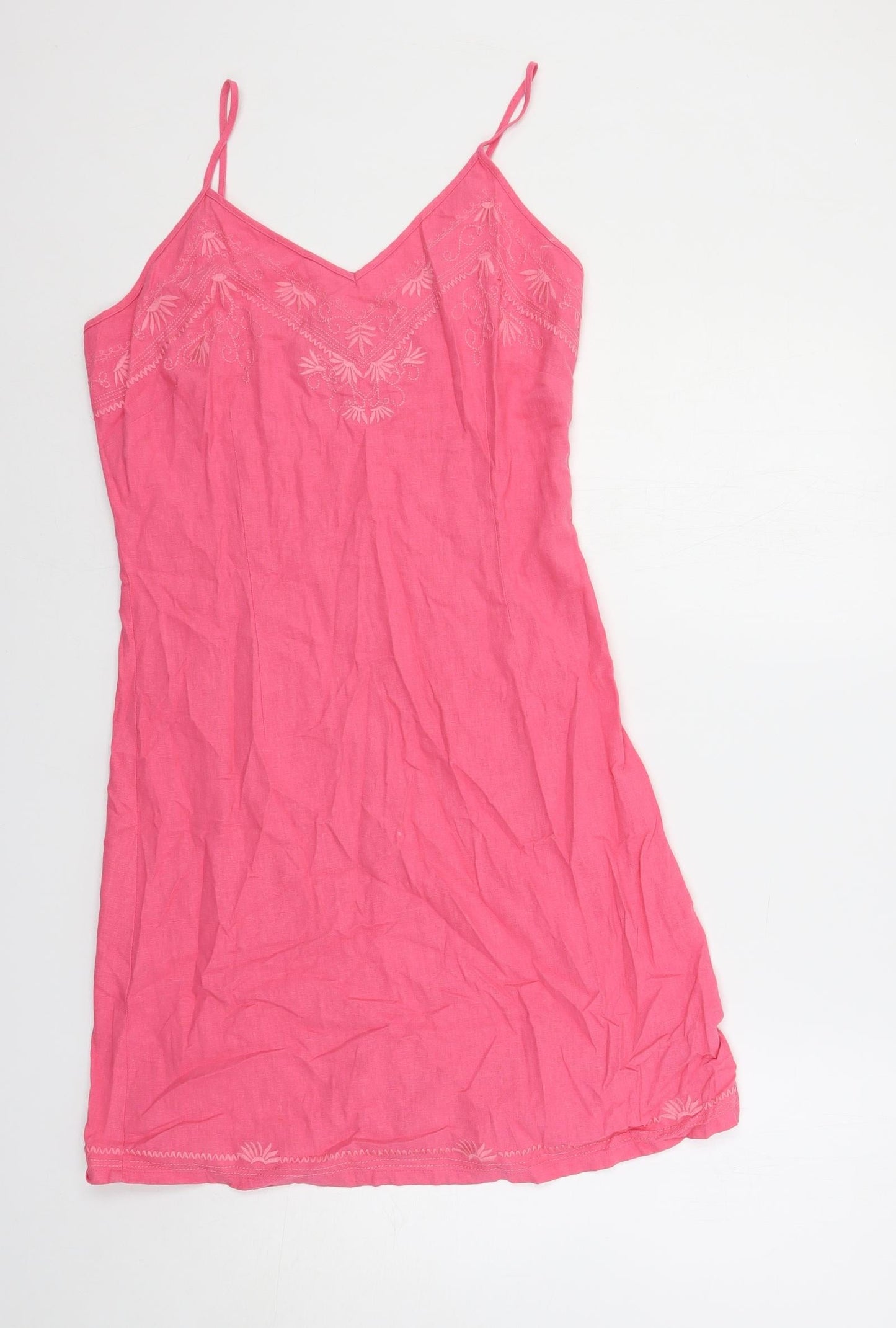 Naveau Edition Womens Pink Linen Slip Dress Size 12 V-Neck Pullover - Embroidered