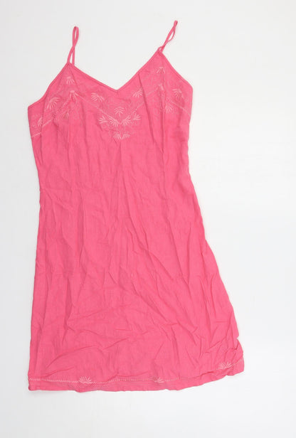 Naveau Edition Womens Pink Linen Slip Dress Size 12 V-Neck Pullover - Embroidered