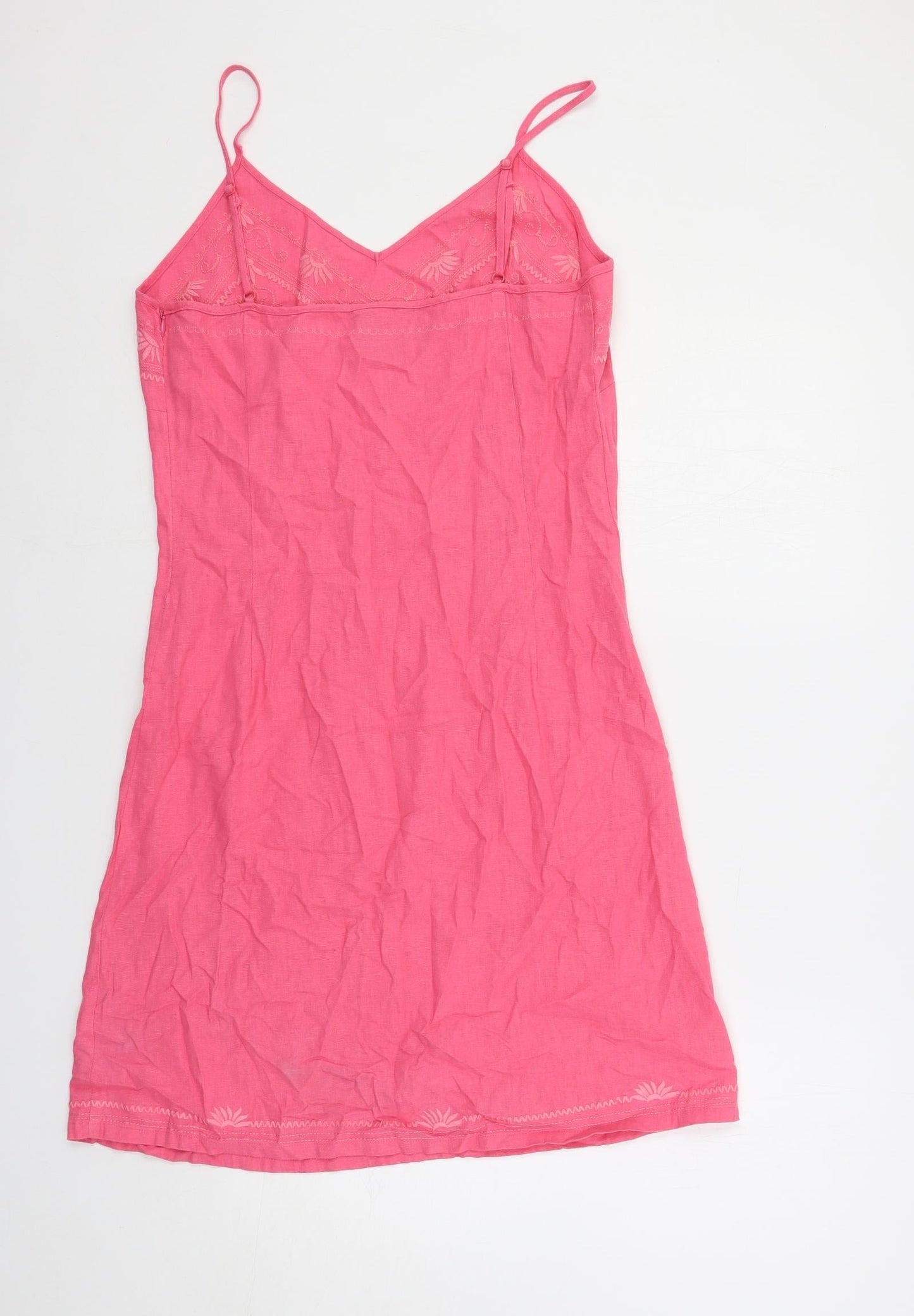 Naveau Edition Womens Pink Linen Slip Dress Size 12 V-Neck Pullover - Embroidered