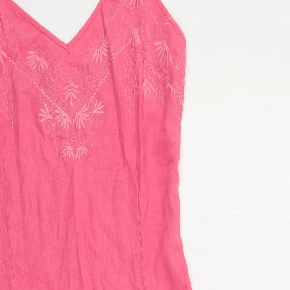 Naveau Edition Womens Pink Linen Slip Dress Size 12 V-Neck Pullover - Embroidered