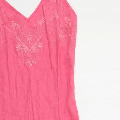Naveau Edition Womens Pink Linen Slip Dress Size 12 V-Neck Pullover - Embroidered