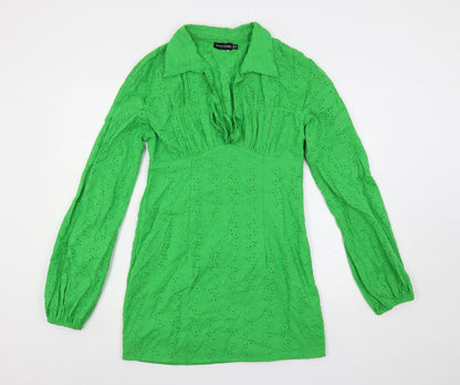 PRETTYLITTLETHING Womens Green Cotton Mini Size 10 Collared Zip - Broderie Anglaise
