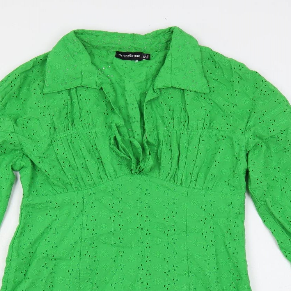 PRETTYLITTLETHING Womens Green Cotton Mini Size 10 Collared Zip - Broderie Anglaise