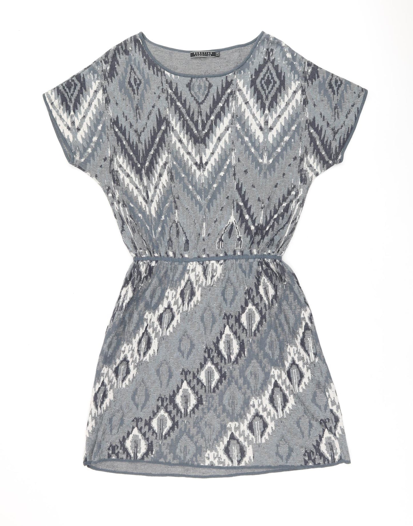 Peruvian Connection Womens Blue Geometric Cotton Shift Size M Boat Neck Pullover