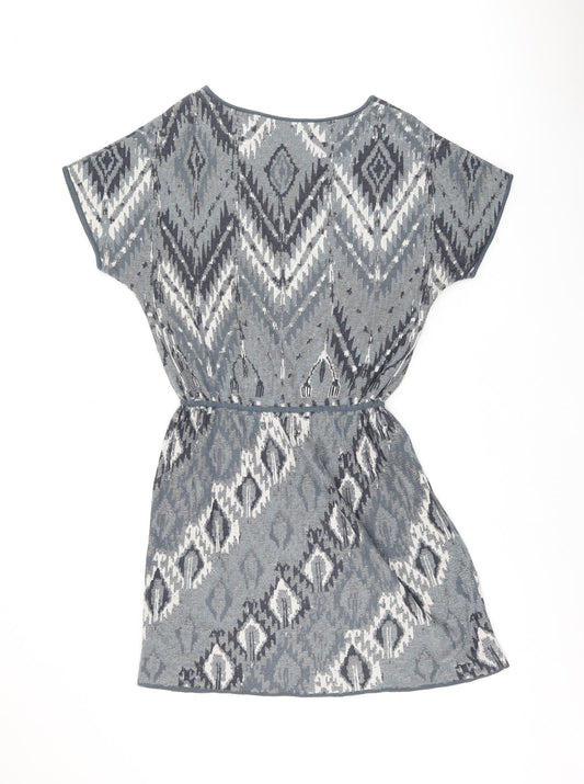 Peruvian Connection Womens Blue Geometric Cotton Shift Size M Boat Neck Pullover