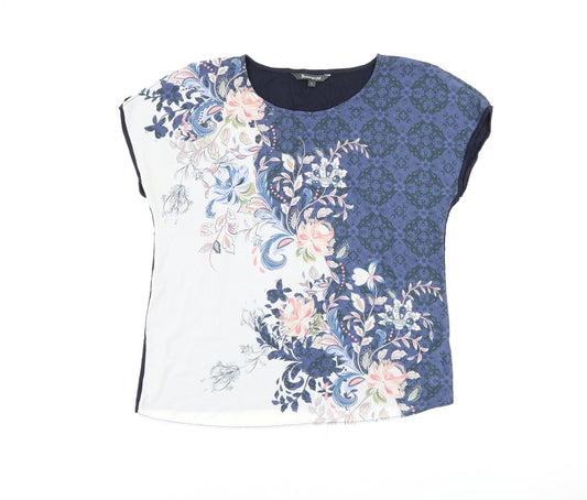 Bonmarché Womens Blue Floral Polyester Jersey T-Shirt Size 14 Boat Neck