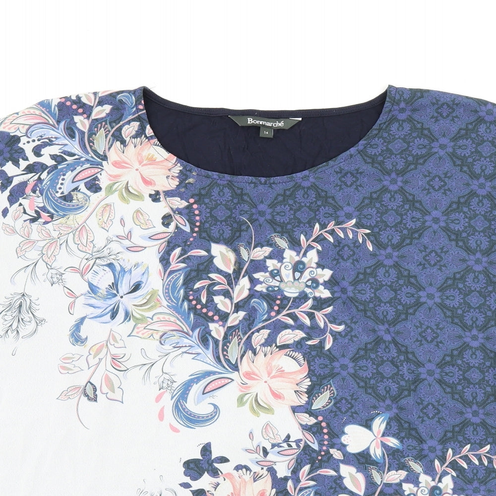 Bonmarché Womens Blue Floral Polyester Jersey T-Shirt Size 14 Boat Neck