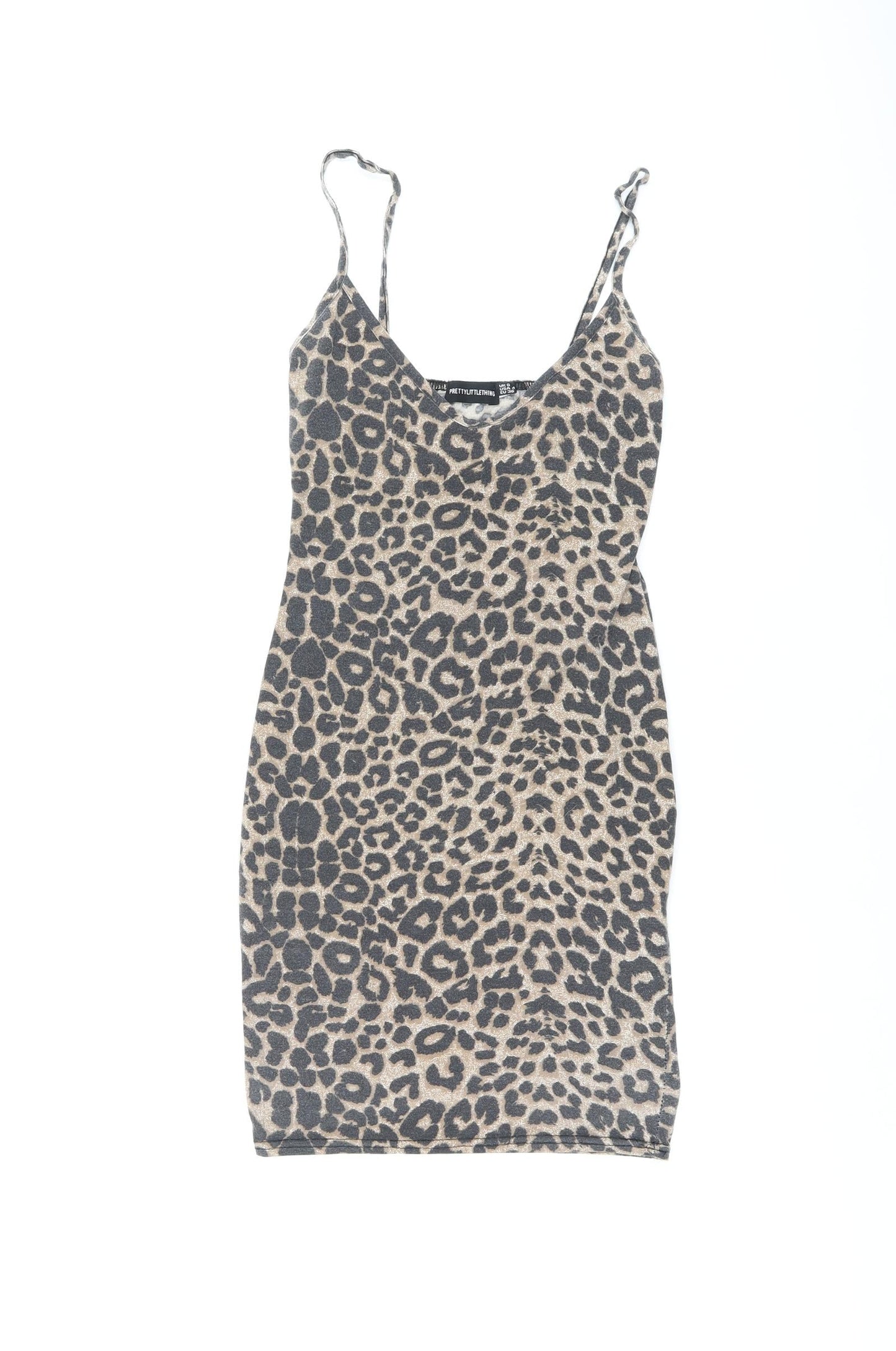 PRETTYLITTLETHING Womens Brown Animal Print Polyester Bodycon Size 8 V-Neck Pullover