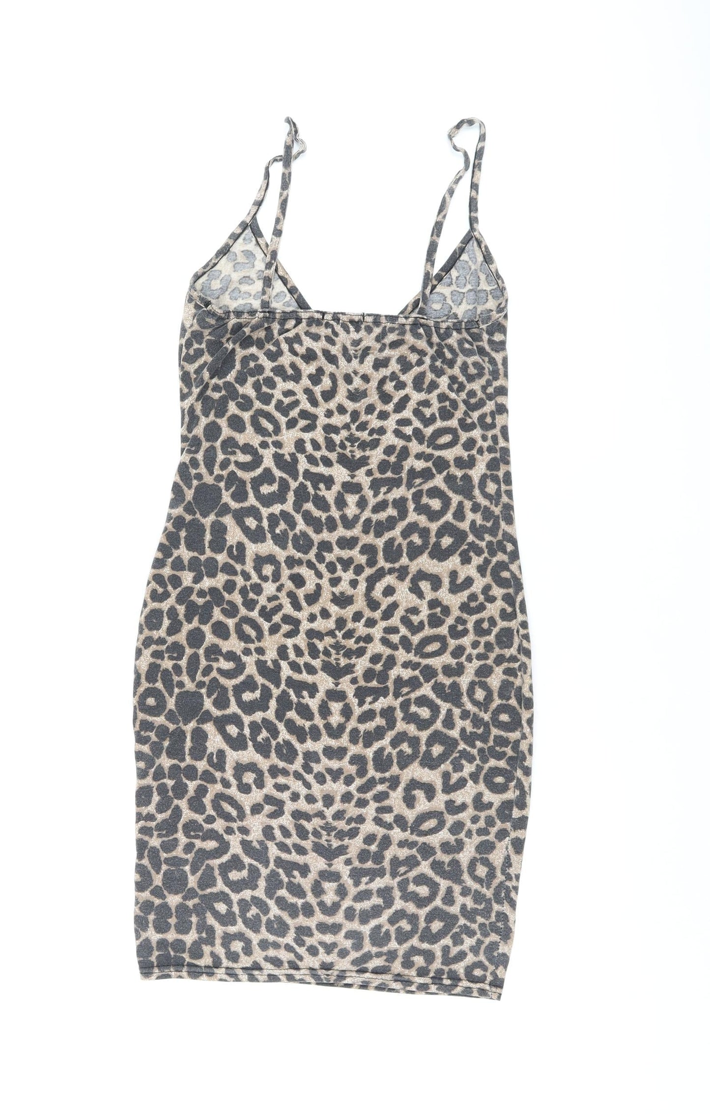 PRETTYLITTLETHING Womens Brown Animal Print Polyester Bodycon Size 8 V-Neck Pullover