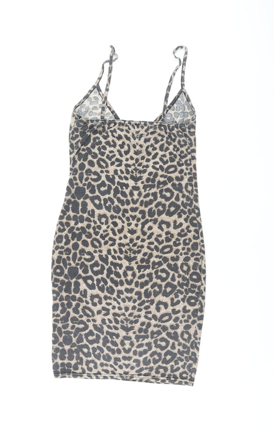 PRETTYLITTLETHING Womens Brown Animal Print Polyester Bodycon Size 8 V-Neck Pullover