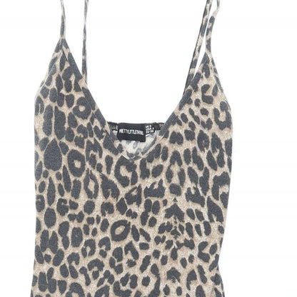 PRETTYLITTLETHING Womens Brown Animal Print Polyester Bodycon Size 8 V-Neck Pullover