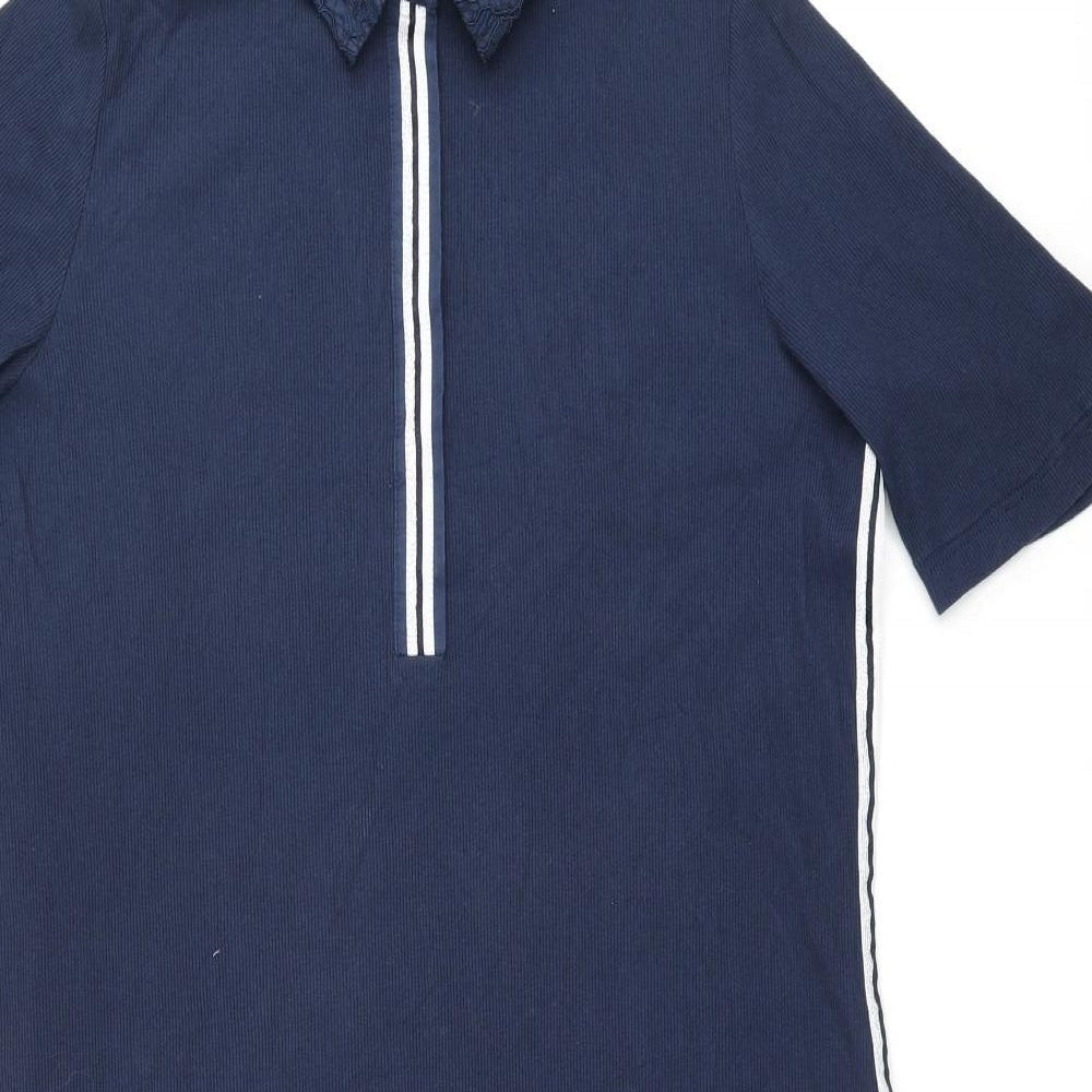 Just White Womens Blue Polyester Shift Size 14 Collared Button - Ribbed fabric