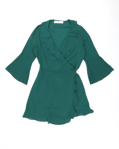 Outrageous Womens Green Polyester Wrap Dress Size 10 V-Neck Tie
