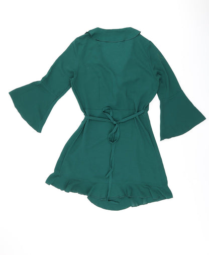 Outrageous Womens Green Polyester Wrap Dress Size 10 V-Neck Tie