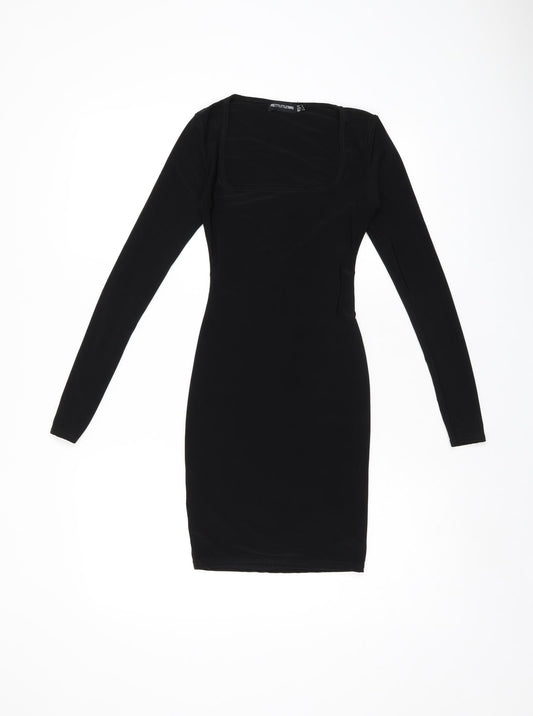 PRETTYLITTLETHING Womens Black Polyester Bodycon Size 6 Square Neck Pullover