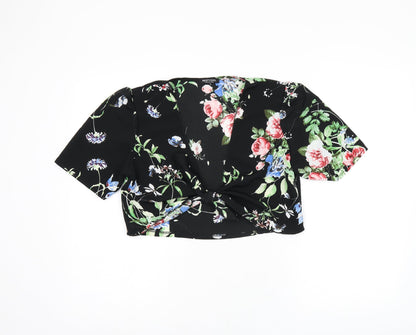 Nasty Gal Womens Black Floral Polyester Cropped Blouse Size S V-Neck