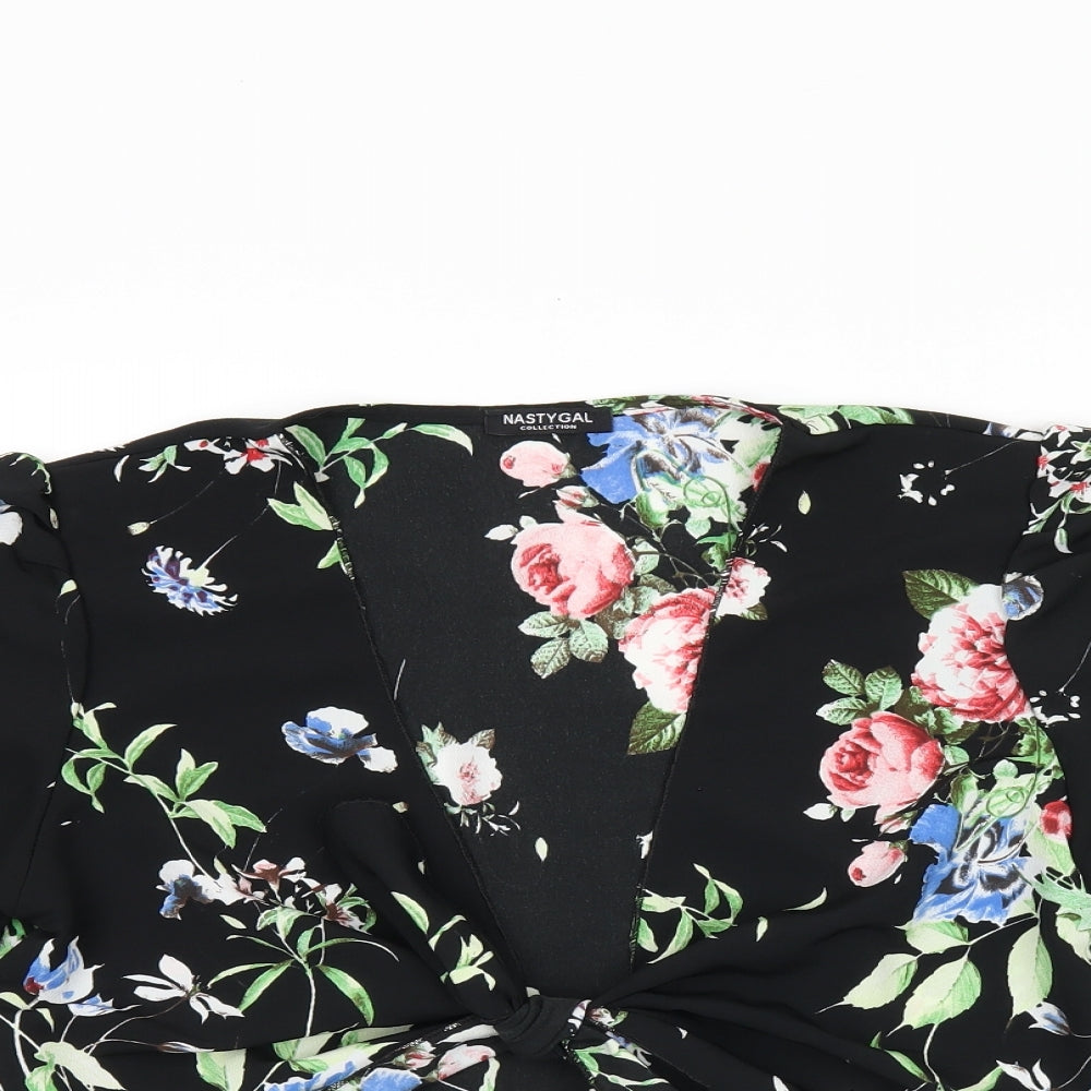 Nasty Gal Womens Black Floral Polyester Cropped Blouse Size S V-Neck