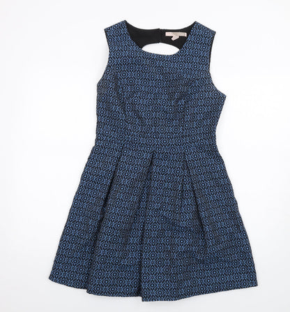 FOREVER 21 Womens Blue Geometric Cotton Fit & Flare Size M Scoop Neck Zip