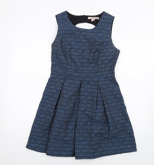 FOREVER 21 Womens Blue Geometric Cotton Fit & Flare Size M Scoop Neck Zip