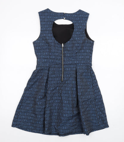 FOREVER 21 Womens Blue Geometric Cotton Fit & Flare Size M Scoop Neck Zip