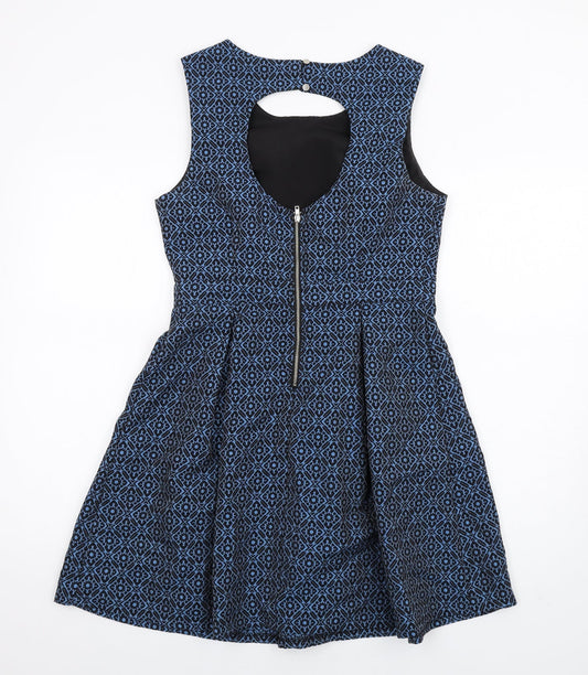 FOREVER 21 Womens Blue Geometric Cotton Fit & Flare Size M Scoop Neck Zip