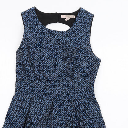 FOREVER 21 Womens Blue Geometric Cotton Fit & Flare Size M Scoop Neck Zip