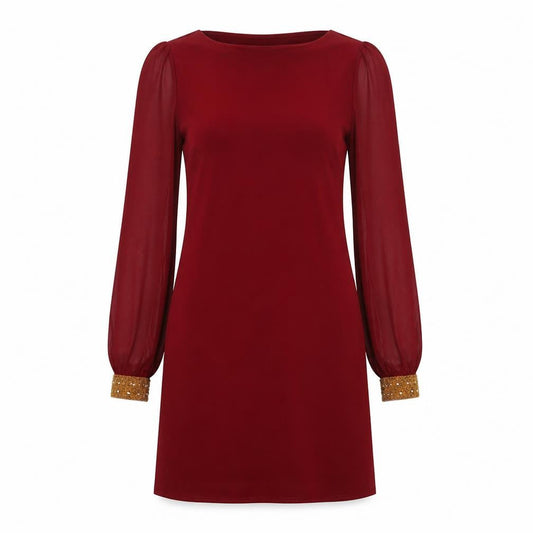 Apricot Womens Red Polyester A-Line Size 8 Round Neck Pullover - Beaded Cuffs Mesh Sleeves