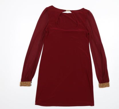 Apricot Womens Red Polyester A-Line Size 8 Round Neck Pullover - Beaded Cuffs Mesh Sleeves