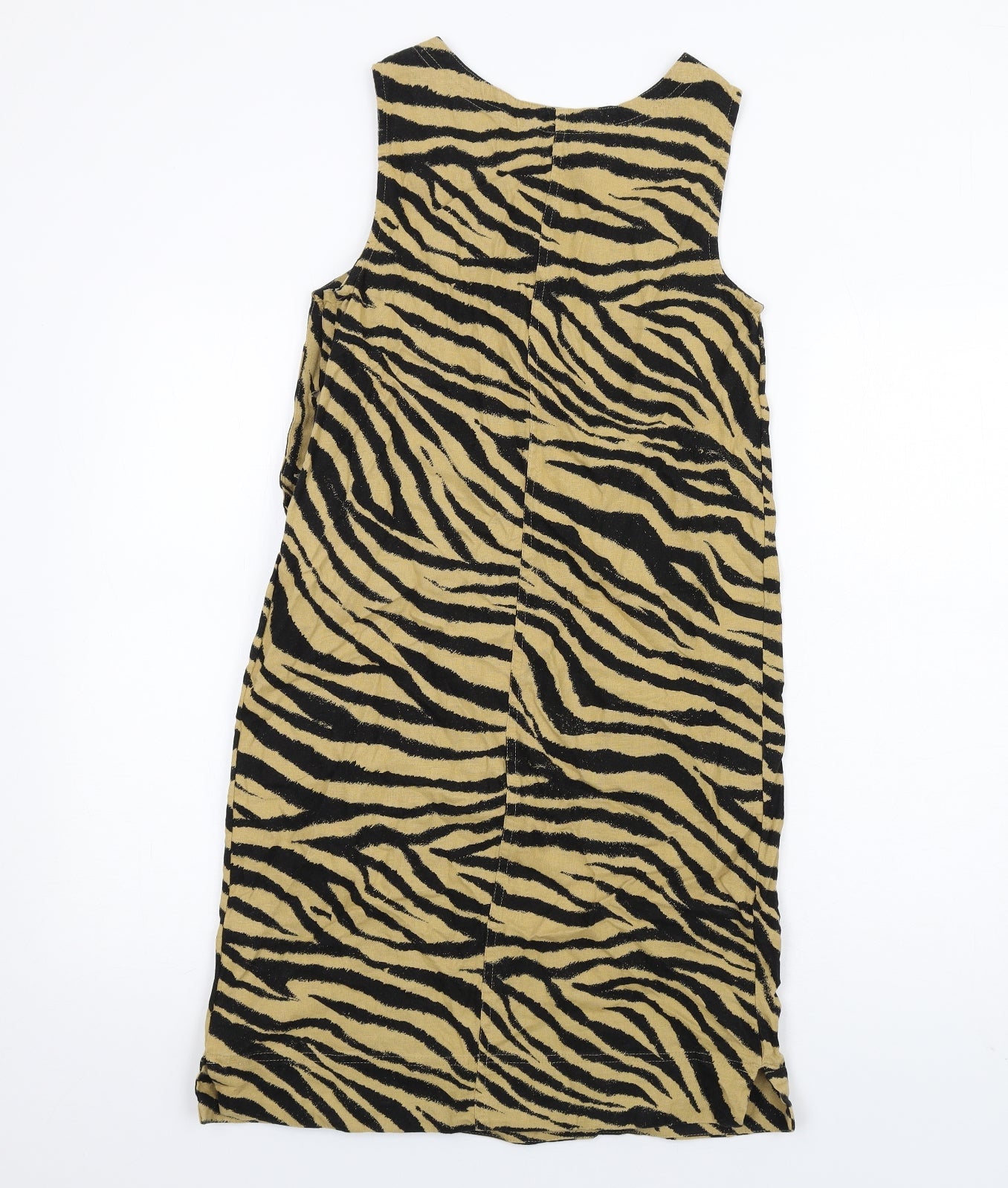 Marks and Spencer Womens Beige Animal Print Linen A-Line Size 6 Round Neck Button - Zebra Print
