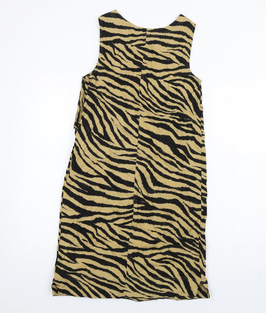 Marks and Spencer Womens Beige Animal Print Linen A-Line Size 6 Round Neck Button - Zebra Print