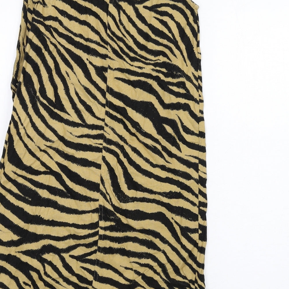 Marks and Spencer Womens Beige Animal Print Linen A-Line Size 6 Round Neck Button - Zebra Print