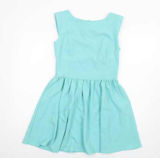 Miss Selfridge Womens Blue Polyester Fit & Flare Size 12 Boat Neck Zip