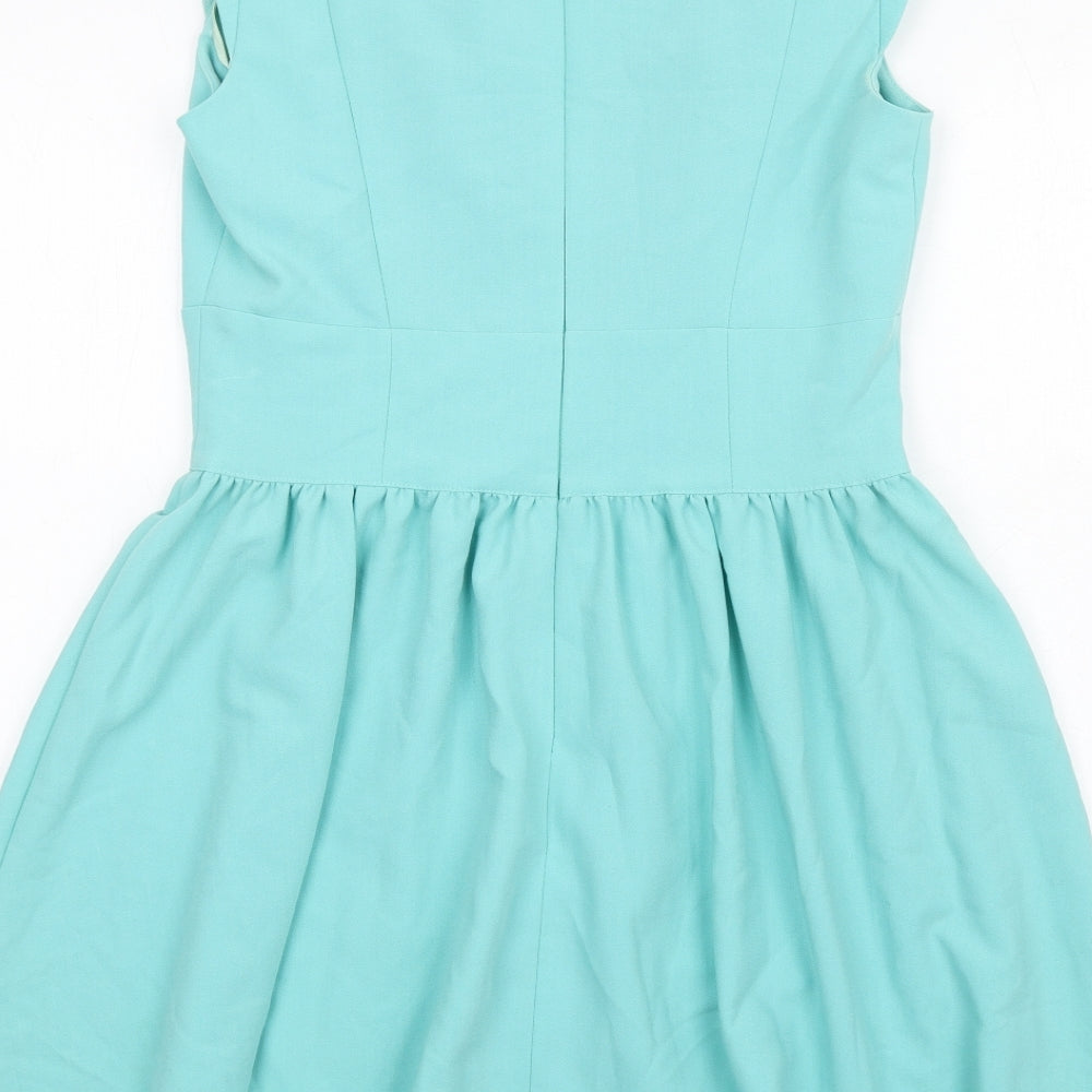 Miss Selfridge Womens Blue Polyester Fit & Flare Size 12 Boat Neck Zip