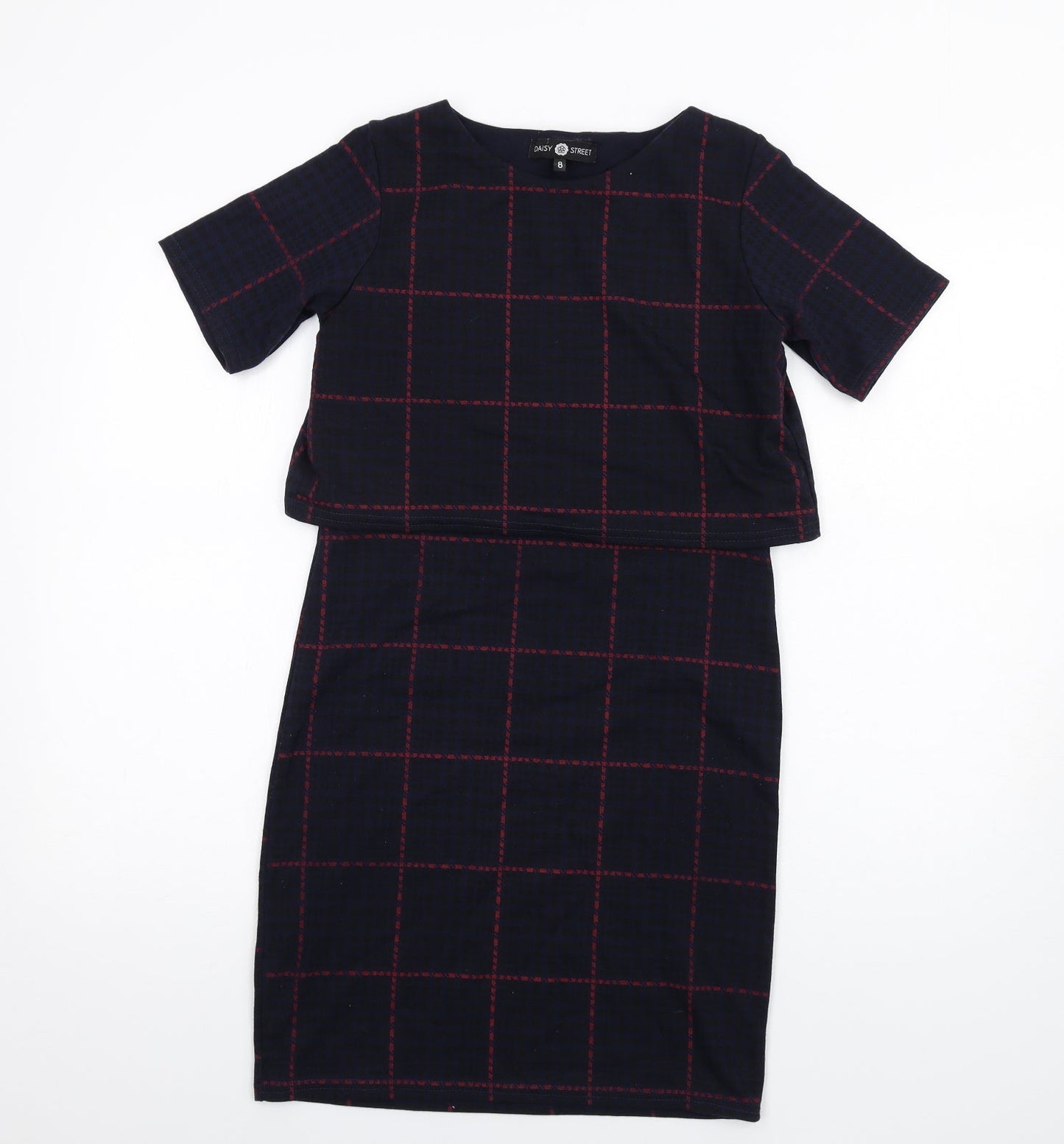 Daisy Street Womens Blue Plaid Polyester Pencil Dress Size 8 Round Neck Pullover