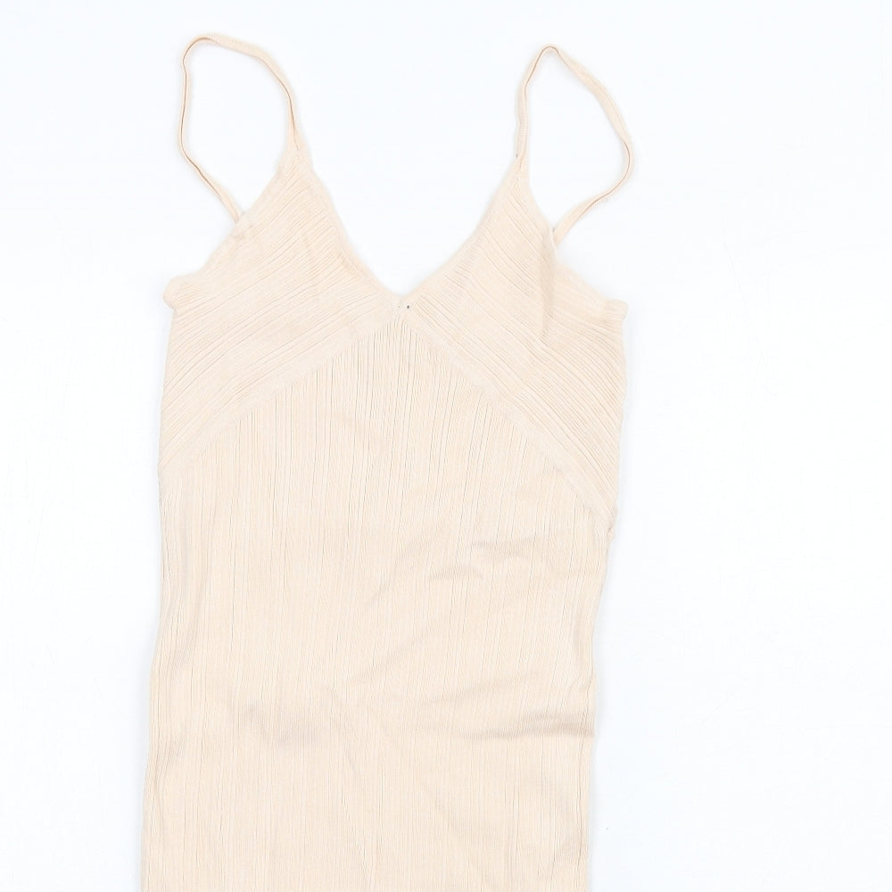 Bershka Womens Beige Viscose Bodycon Size L V-Neck Pullover
