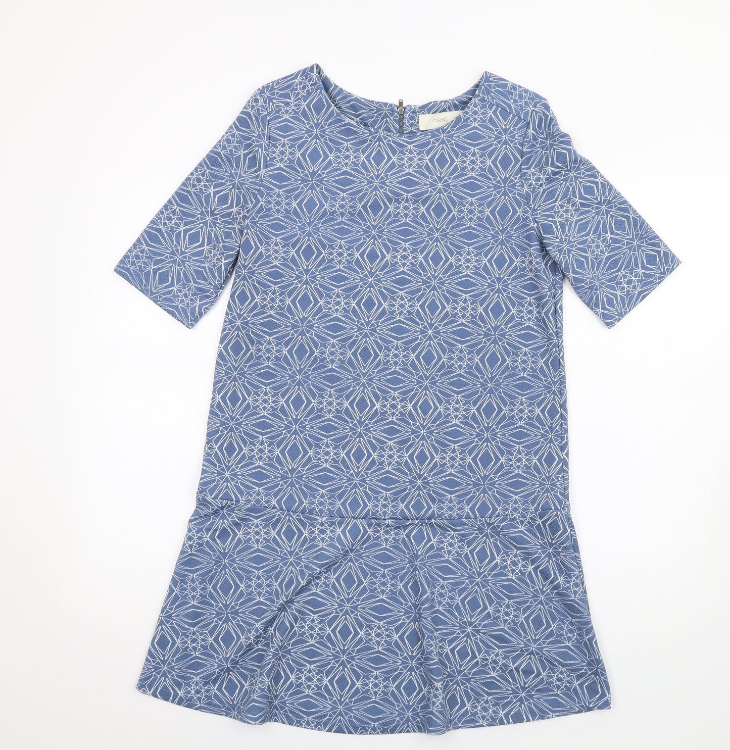 NEXT Womens Blue Geometric Polyester A-Line Size 8 Round Neck Zip