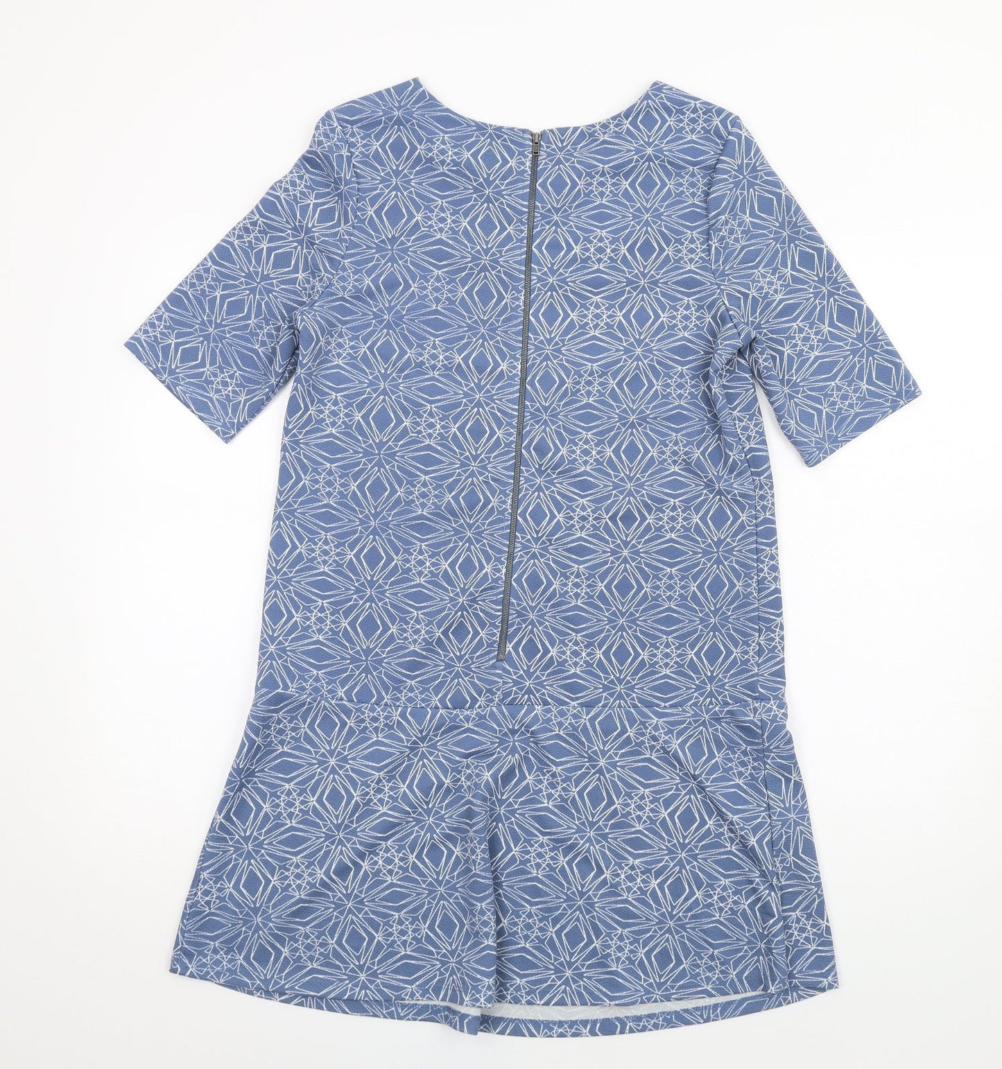 NEXT Womens Blue Geometric Polyester A-Line Size 8 Round Neck Zip