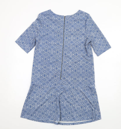 NEXT Womens Blue Geometric Polyester A-Line Size 8 Round Neck Zip