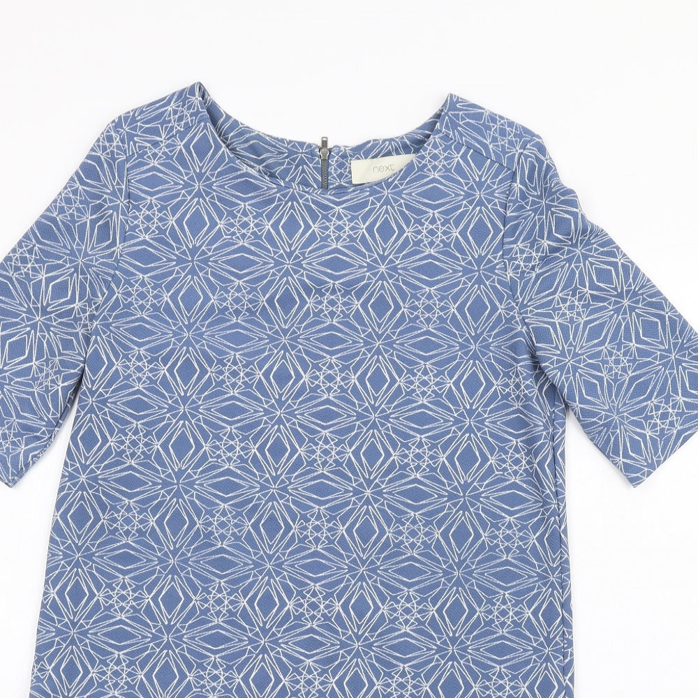 NEXT Womens Blue Geometric Polyester A-Line Size 8 Round Neck Zip