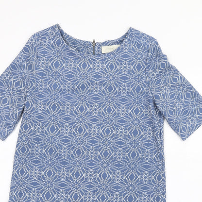 NEXT Womens Blue Geometric Polyester A-Line Size 8 Round Neck Zip