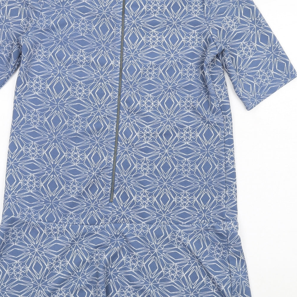 NEXT Womens Blue Geometric Polyester A-Line Size 8 Round Neck Zip