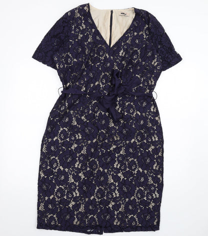 Per Una Womens Blue Cotton Pencil Dress Size 16 V-Neck Zip